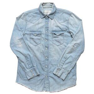 Sandro Paris Shirt Mens L Long Sleeve Denim Pearl Snap Button Distressed Blue